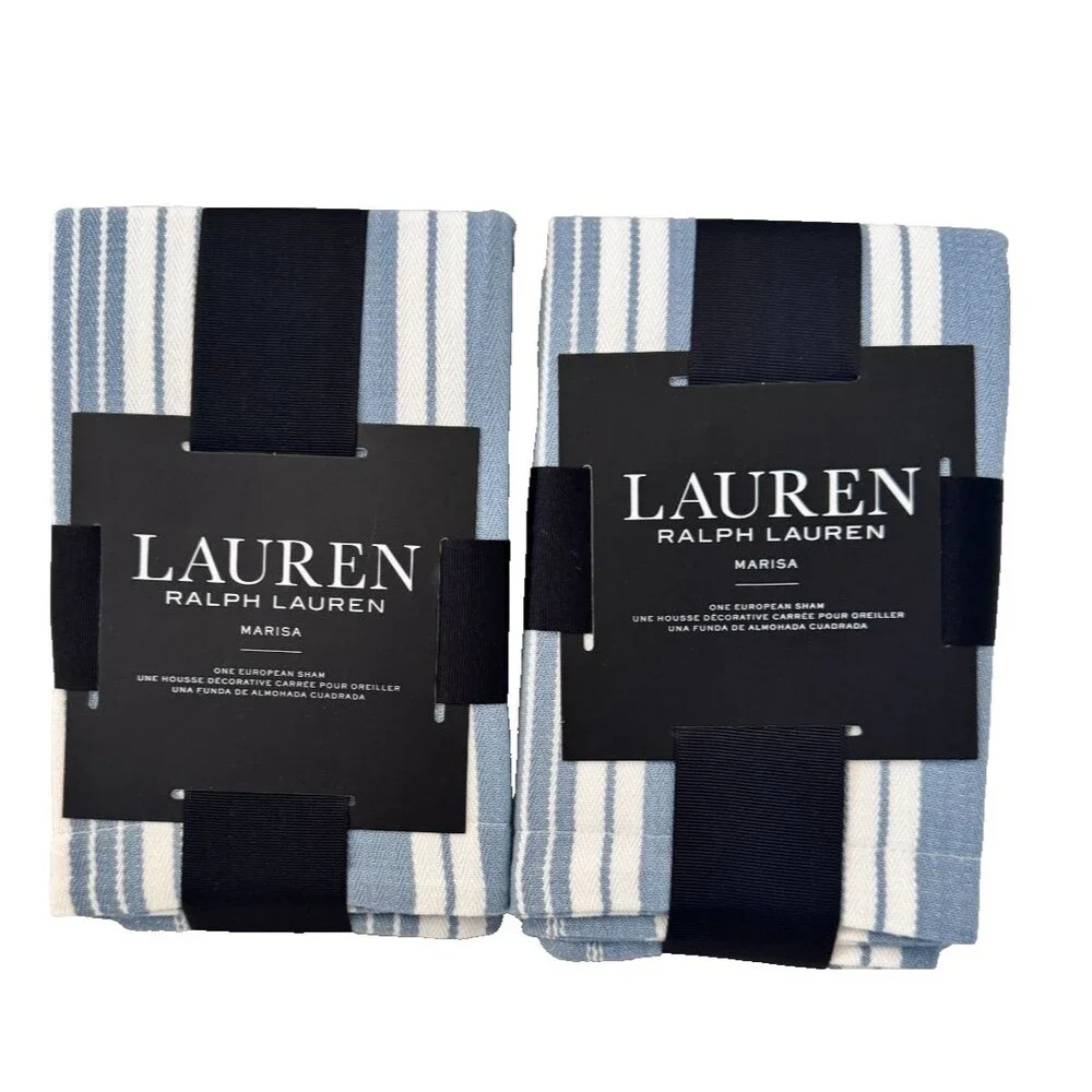 Ralph Lauren Marisa Euro Shams Sham $270 Blue Striped 100% Cotton Set of 2